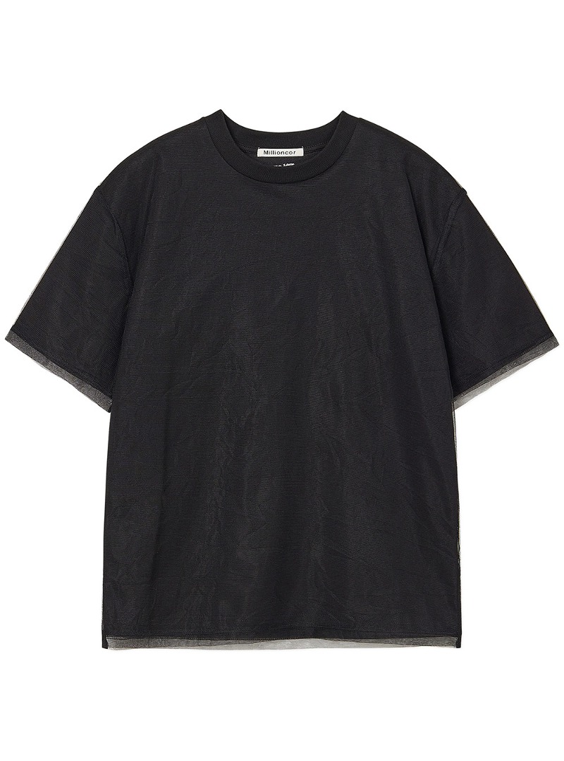 [무료 반품] [5528] 튤 레이어 숏슬리브 티셔츠 (블랙)
